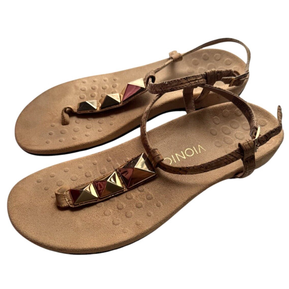 Vionic Women's Sandals Size 10 Nala T-Strap Leather Gold Stud Thong Comfort - Picture 3 of 7